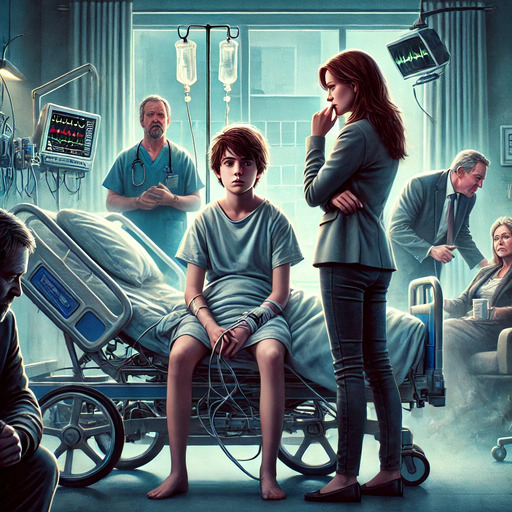 A hospital room where a teenage boy with Autism and profound intellectual impairment is recovering. His mother stands by his side, determined yet heartbroken. In the background, an advocate fiercely discusses with officials, symbolizing the battle for better support and accommodation.